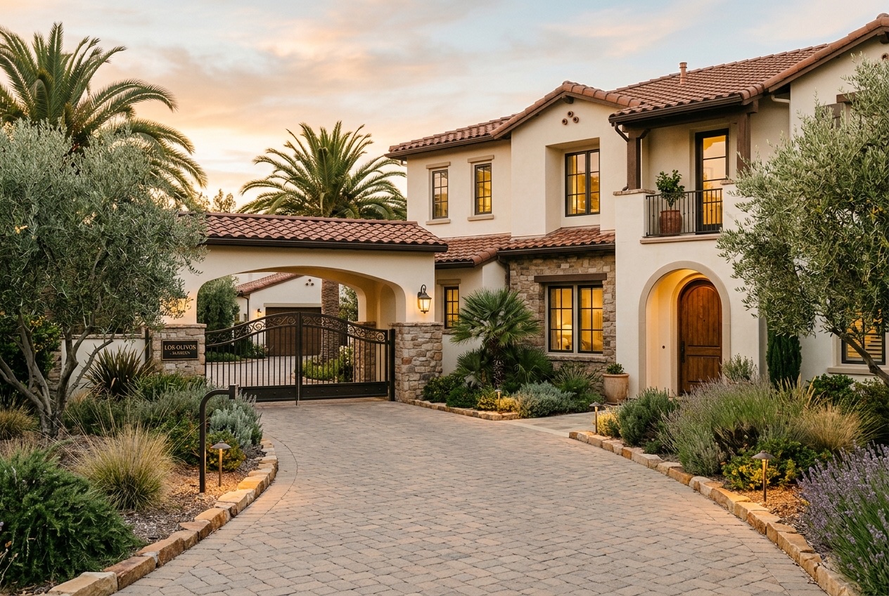Modern townhouse exterior at the gated entry of Villas of Almaden