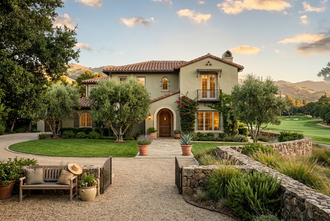 Front exterior at golden hour with Almaden Country Club fairway visible beyond