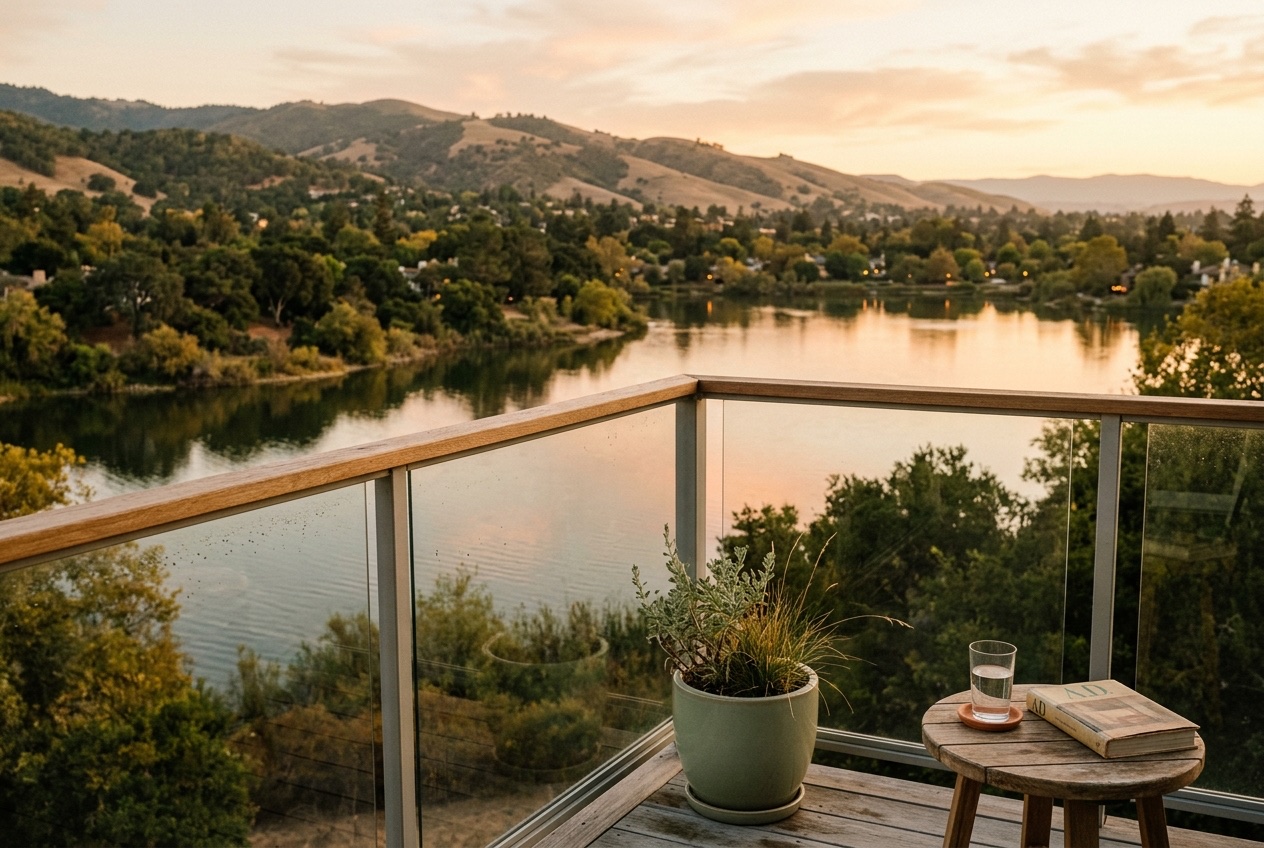 Top-floor condo balcony view of Almaden Lake