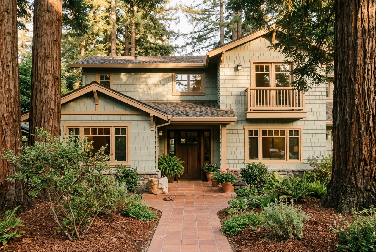 Two-story Shadow Brook home with mature redwoods framing the front entry