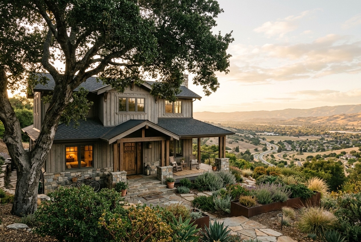Two-story Graystone exterior with mature oak in foreground and South Bay valley vista beyond