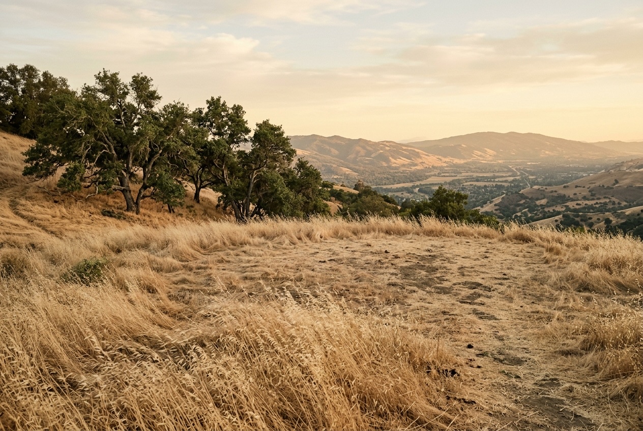 Hilltop lot at Redwood Ridge with valley vista and oak grove